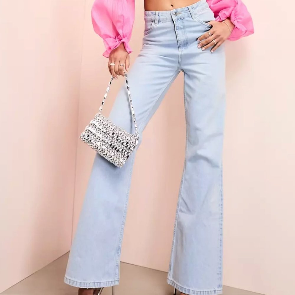 ASOS LUXE Skinny Straight Flared Denim Jean - Blue Mid Wash